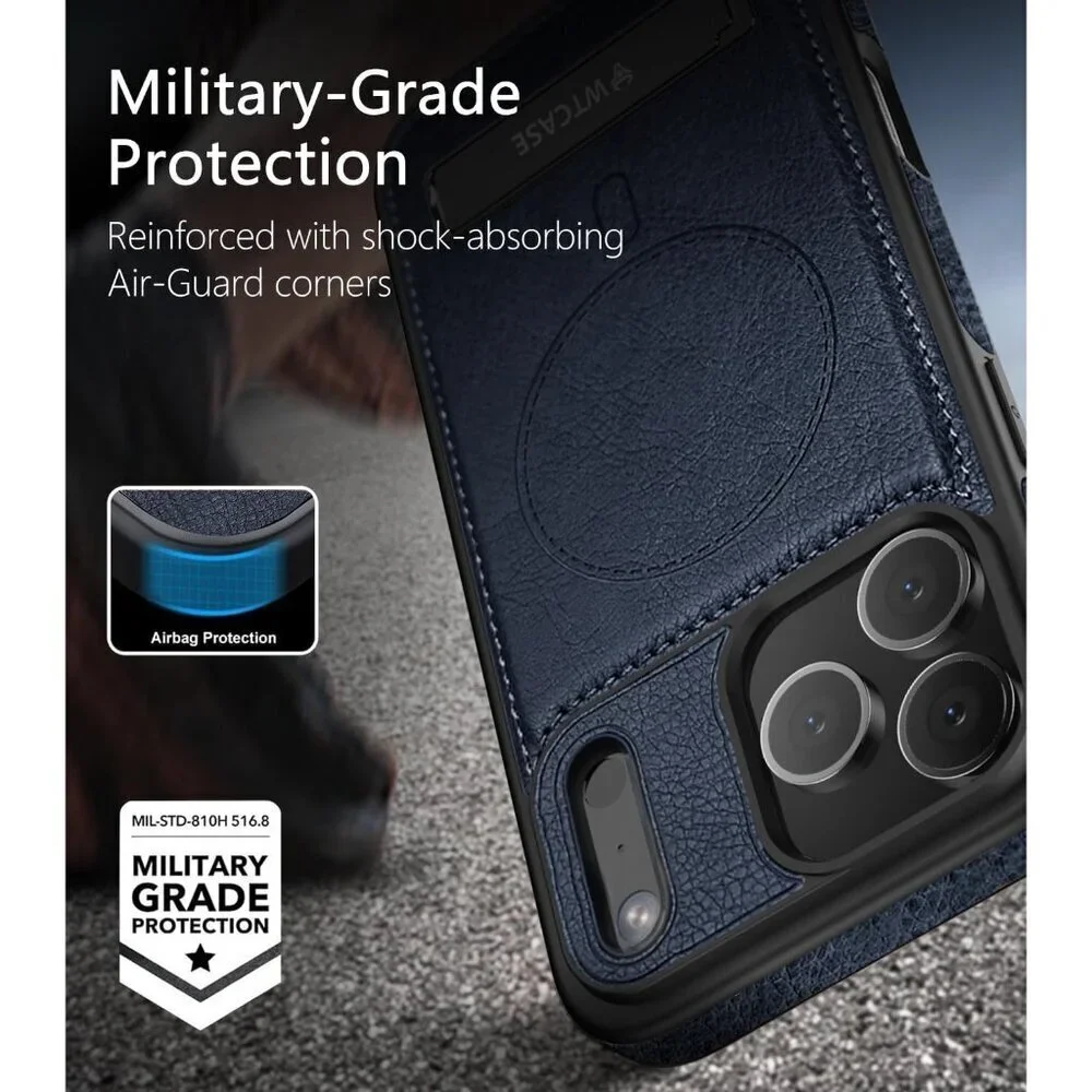 Blue Iphone 17 Pro Max Invisible Stand Protective Slim Kickstand Leather Case